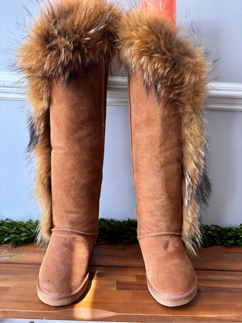 Real Fur Trim Suede Knee-High Boots - chestnut. Size 8